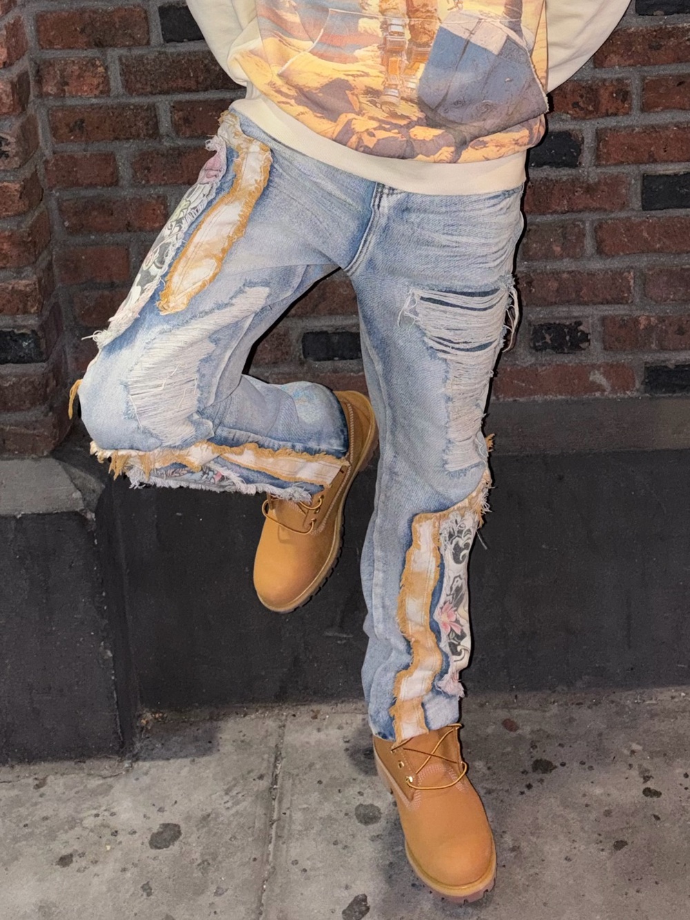Light Wash Distressed Men’s Jeans with Floral Patch Details